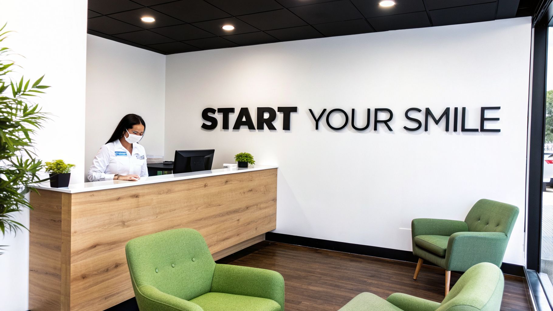 A friendly receptionist wearing a mask at a modern dental office reception desk with 'START YOUR SMILE' on the wall.