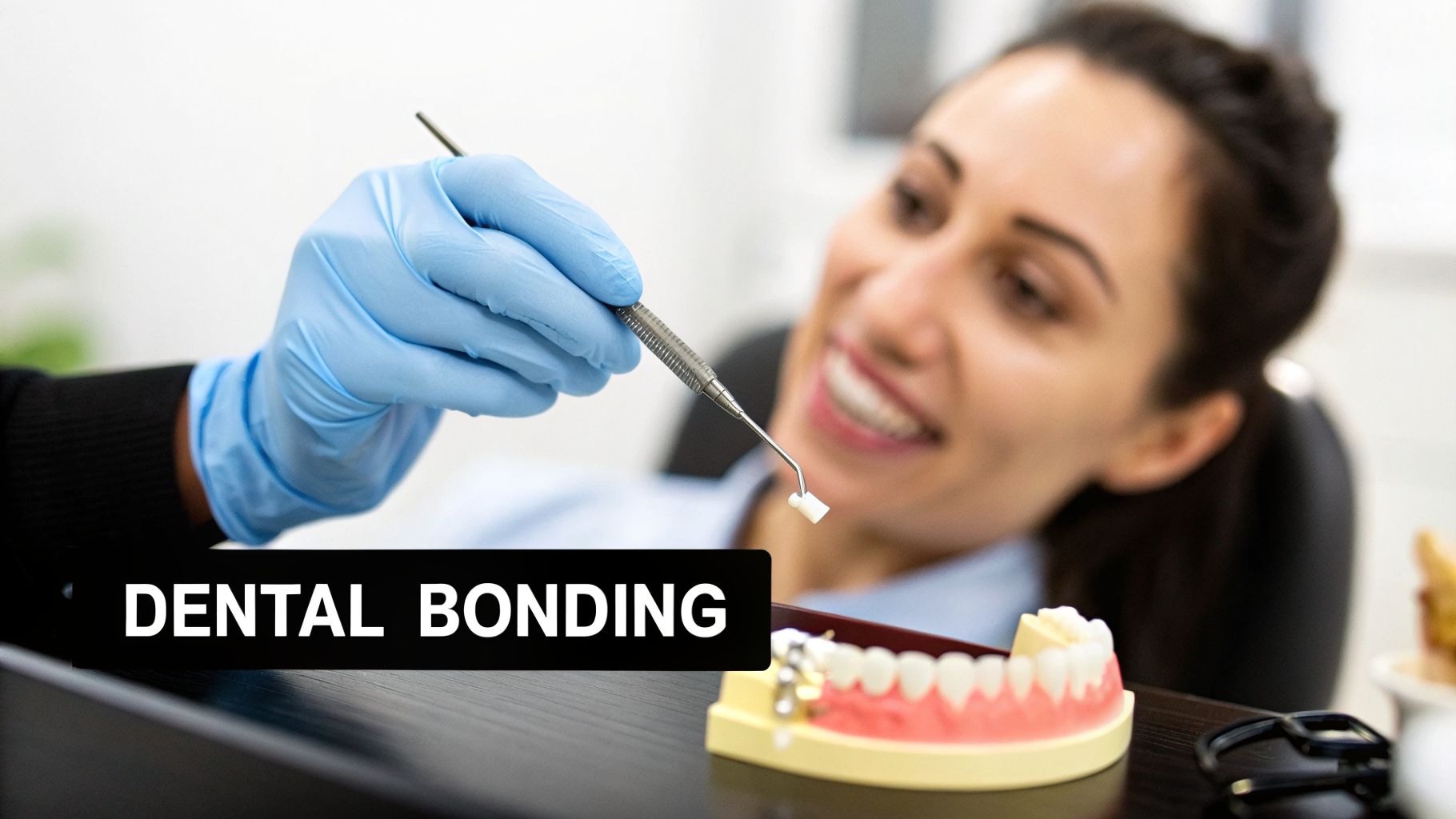 A dentist's gloved hand holding a dental bonding tool with a small tooth model, near a smiling patient and a jaw model.