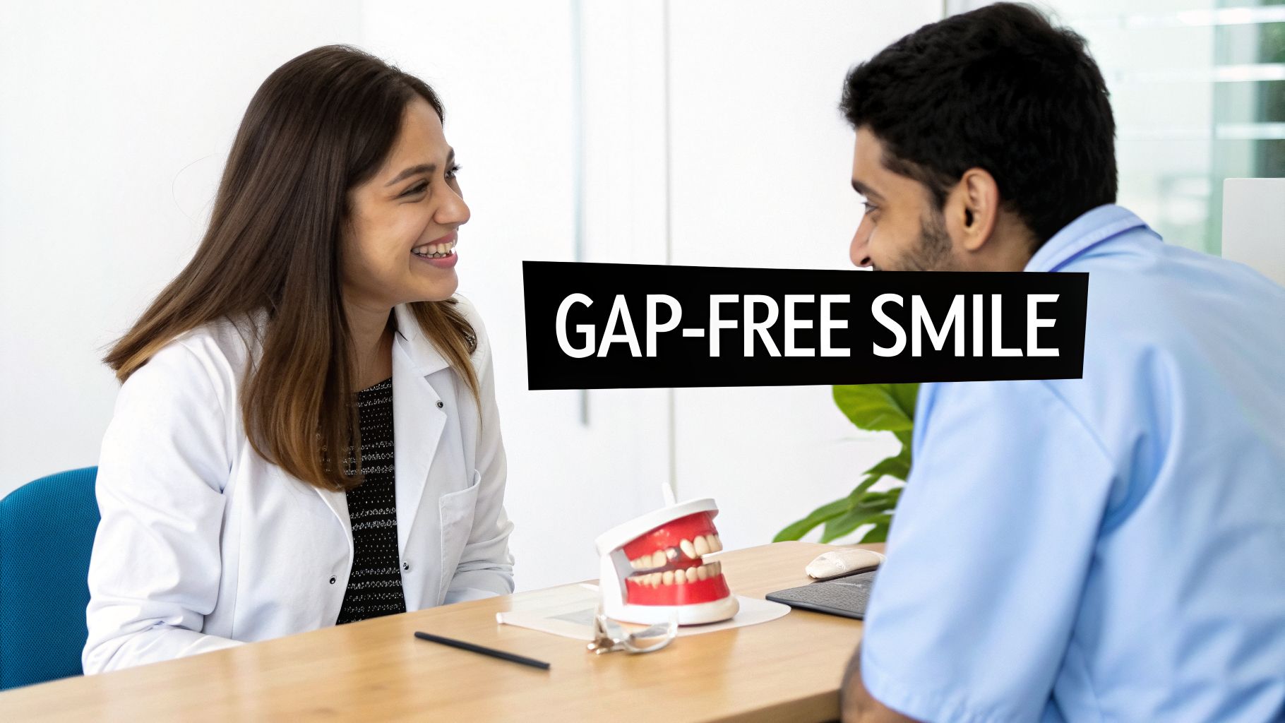 A smiling female dentist discusses dental care with a male patient about achieving a gap-free smile.