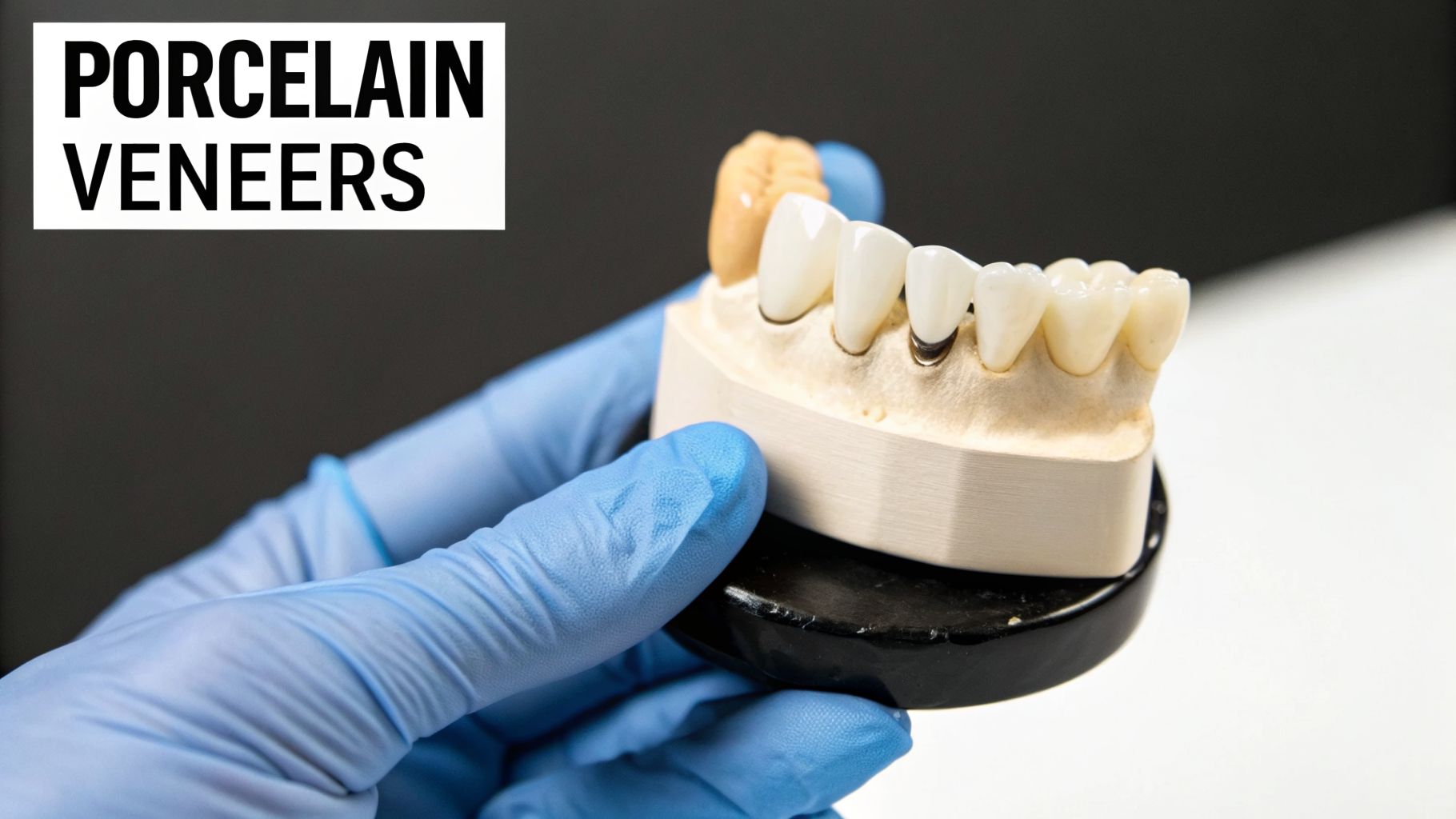 A gloved hand holds a dental model displaying porcelain veneers, indicating dental work.