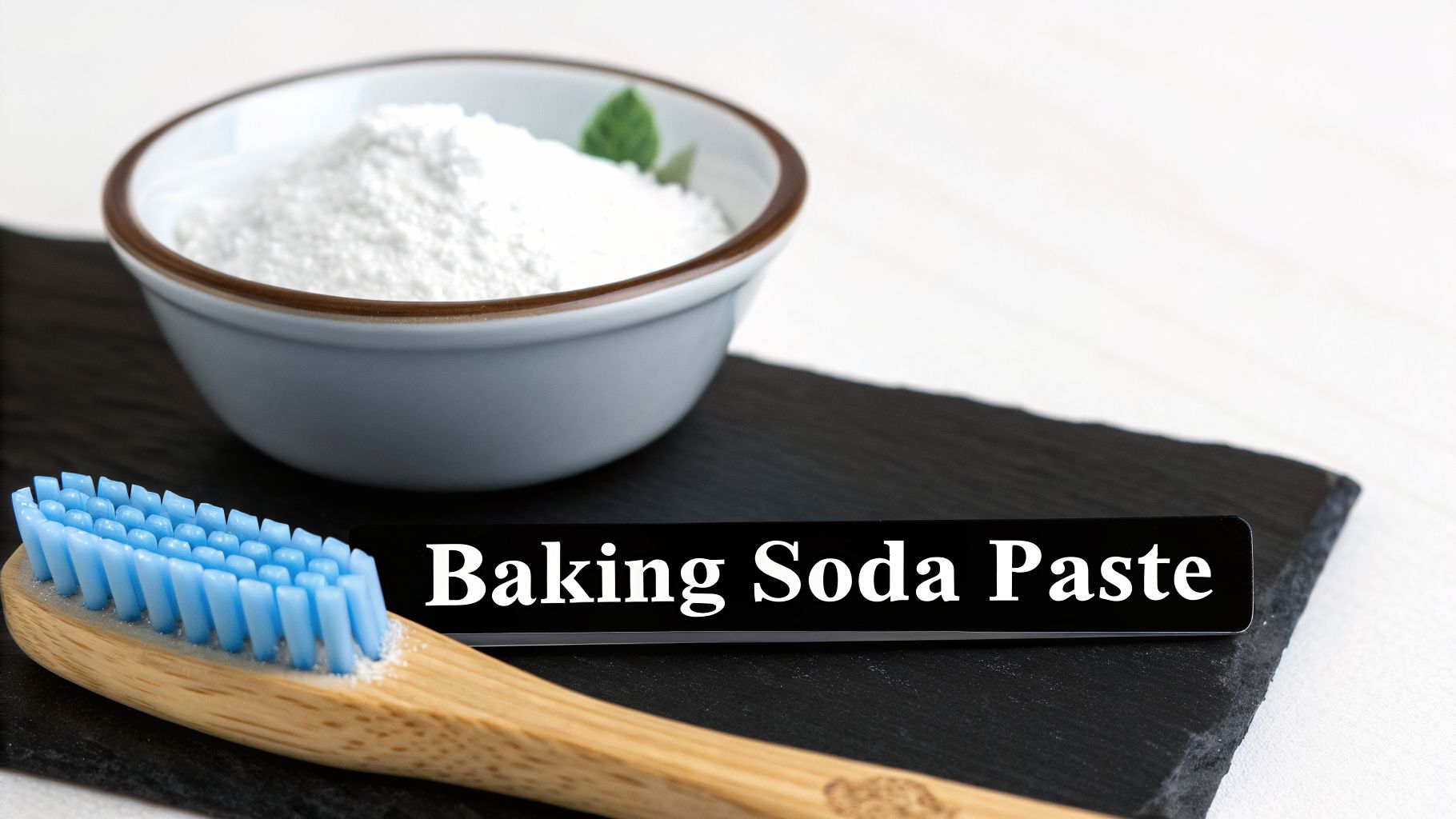 A bowl of baking soda powder and a bamboo toothbrush on a slate surface with a 'Baking Soda Paste' sign.