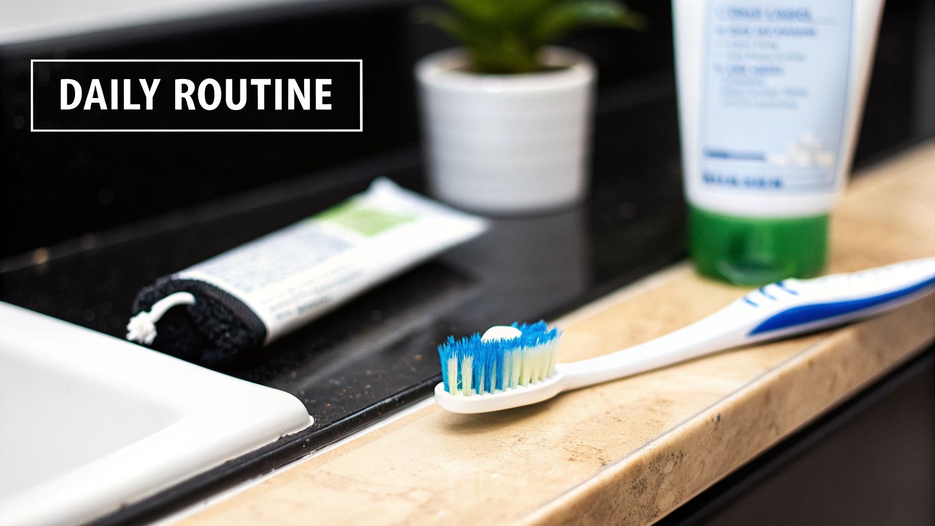 A toothbrush with white toothpaste on a bathroom counter next to a sink, with dental care products.