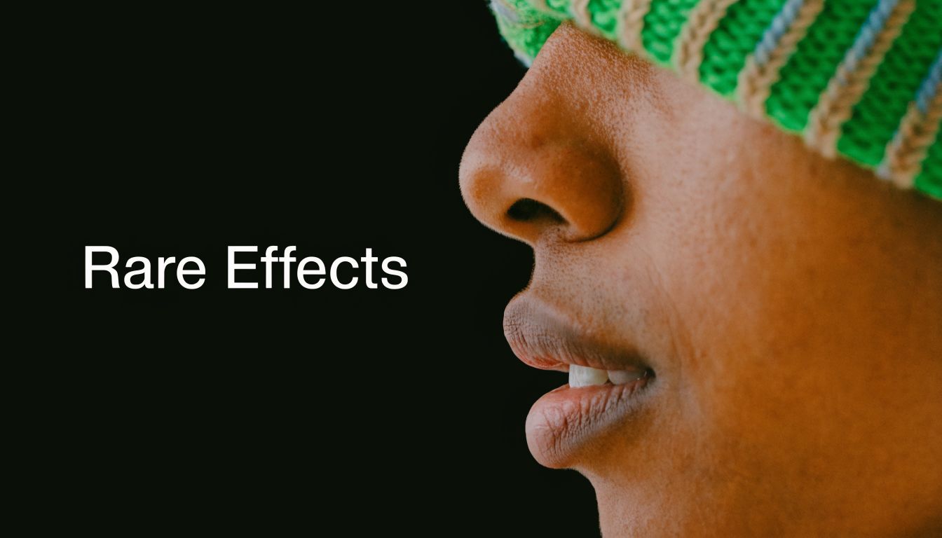 A close-up side profile of a person wearing a knit hat with the text Rare Effects overlay.