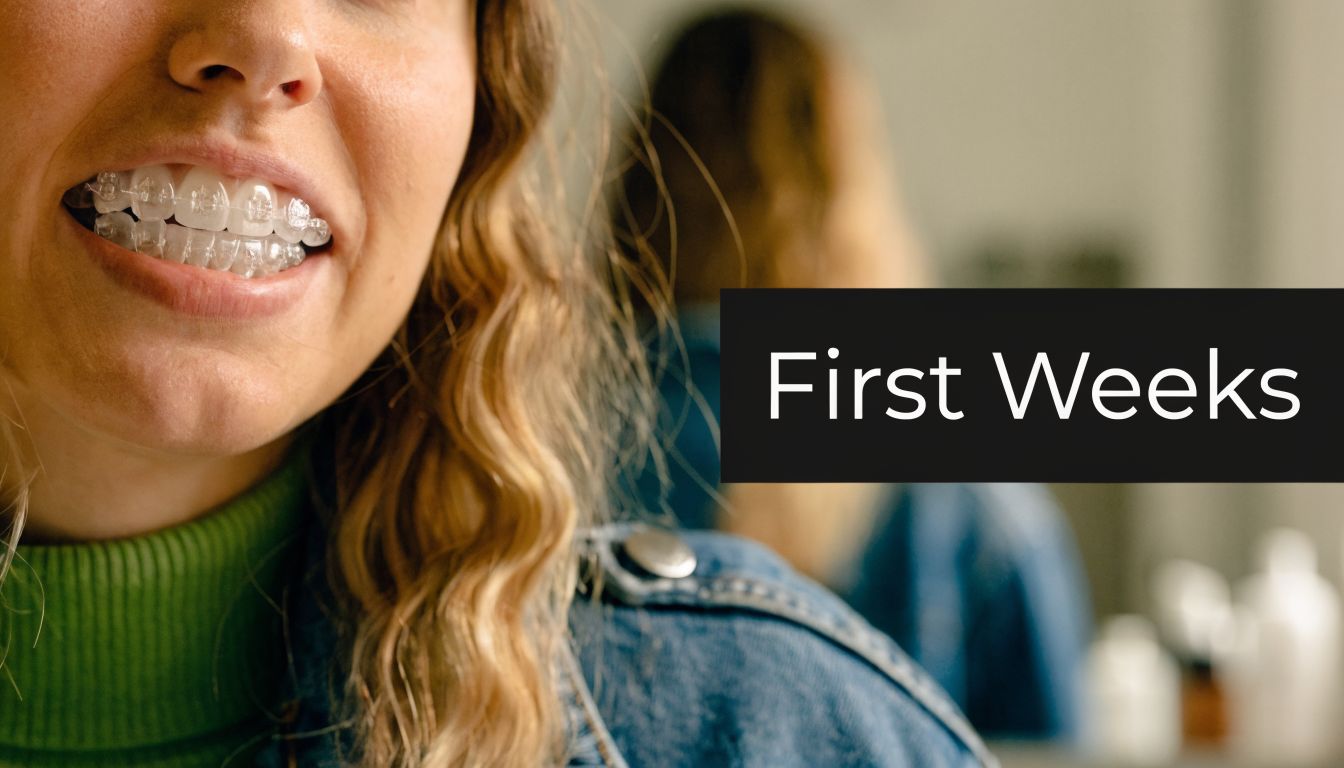 A close-up view of a woman smiling, showcasing her teeth with clear orthodontic aligner trays installed.