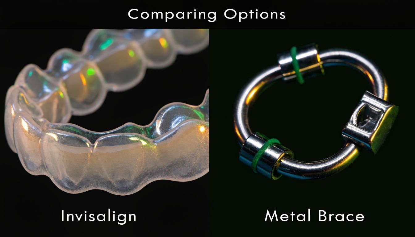 A split image comparing a transparent clear aligner tray to a small metal orthodontic brace component.