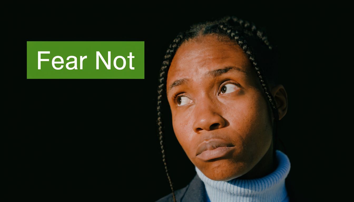 A concerned looking woman with braided hair glancing sideways next to a sign that says Fear Not.