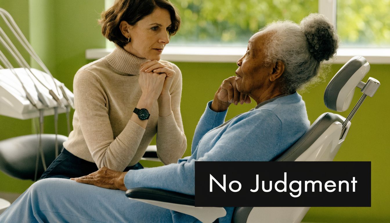 A compassionate dentist listens intently to an elderly patient during a supportive and judgment-free dental consultation.