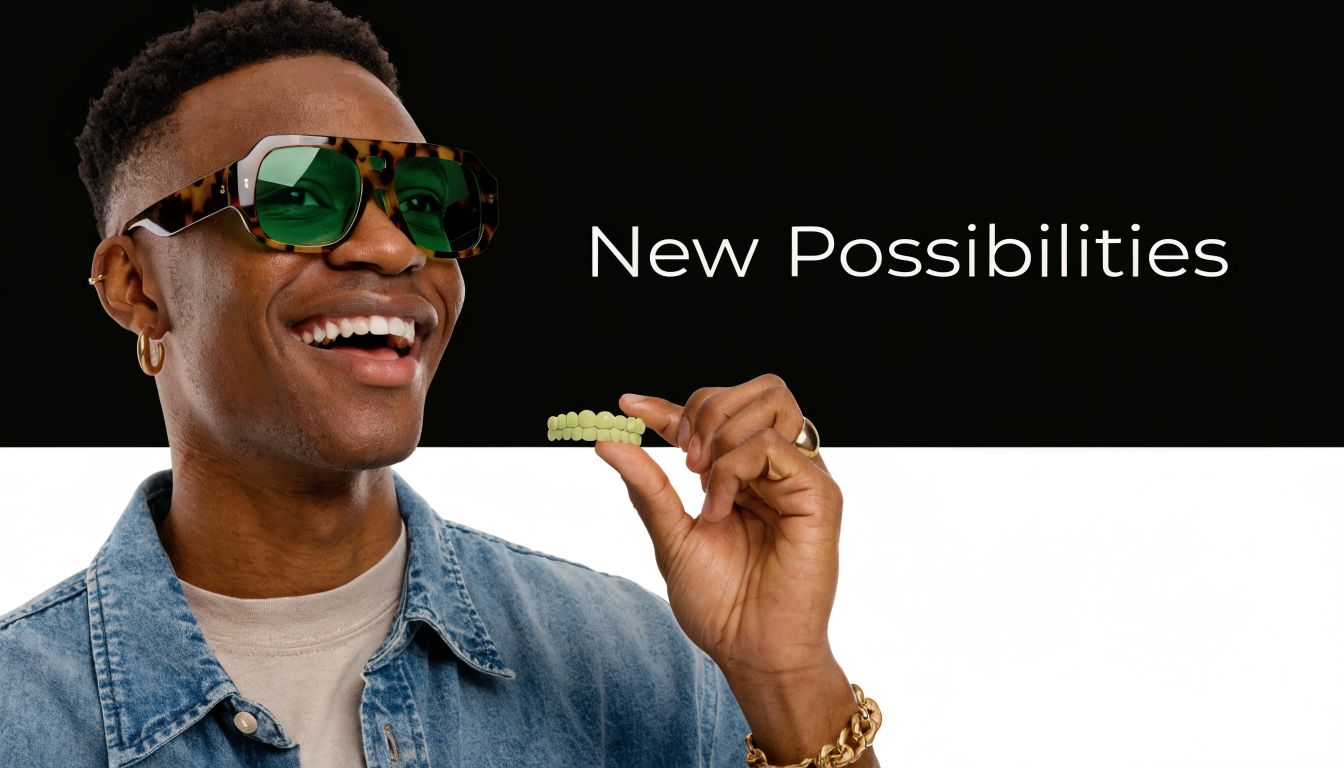 A smiling young man holding a set of green teeth aligners while wearing stylish tinted glasses.