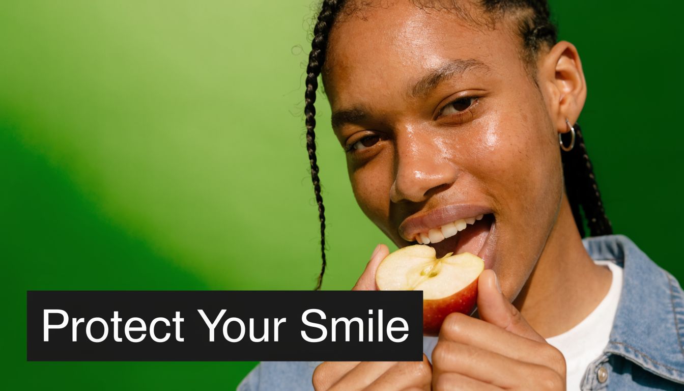 A person with braided hair holding a slice of apple near their mouth against green background