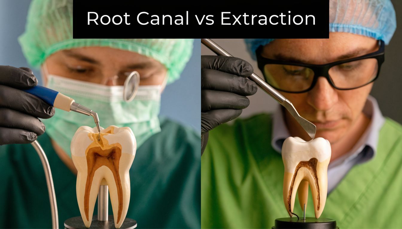 A split-screen comparison showing a dentist performing a root canal versus a tooth extraction on a model.