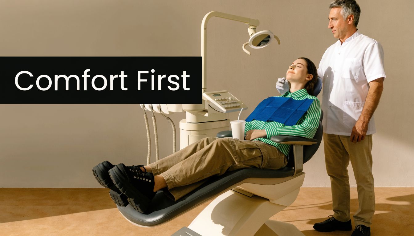 A dentist examines a female patient sitting comfortably in a modern dental chair during a clinical procedure.