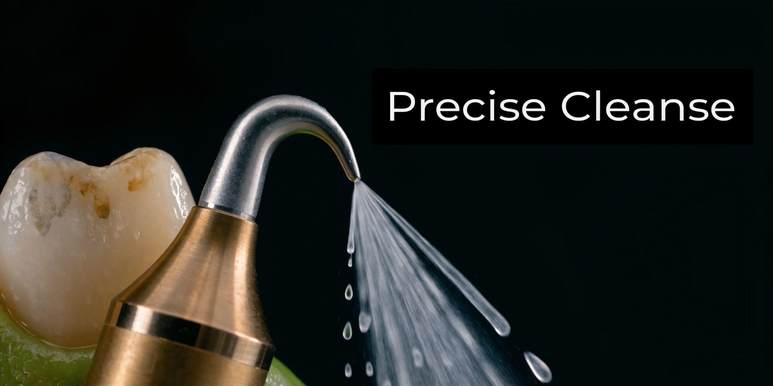 A close up view of an ultrasonic dental scaler cleaning a tooth with a precise water jet.