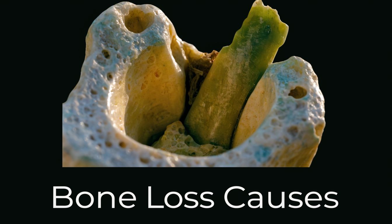 A close up view of an extracted tooth showing signs of bone loss around the root structure.