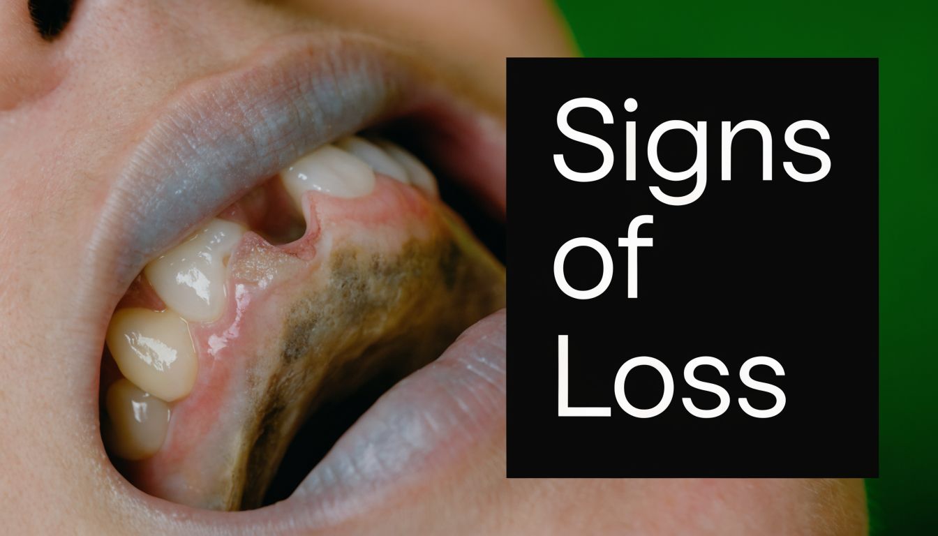 A close-up view of a person's mouth showing signs of gum recession and bone loss in jaw.