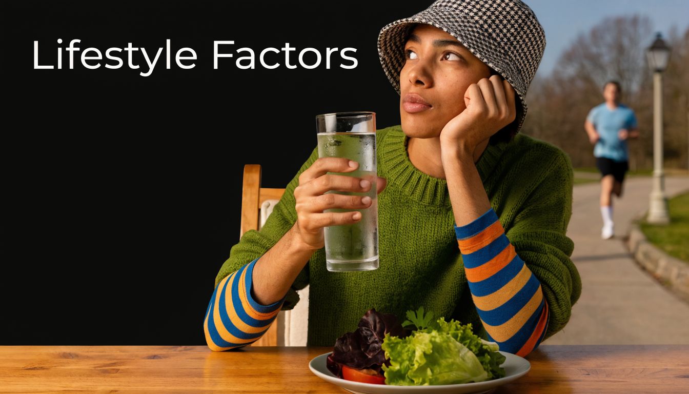 A person wearing a patterned bucket hat holds a glass of water while looking away pensively.