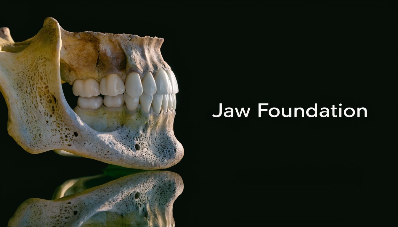 A close-up view of a human jawbone model with teeth set against a dark background.