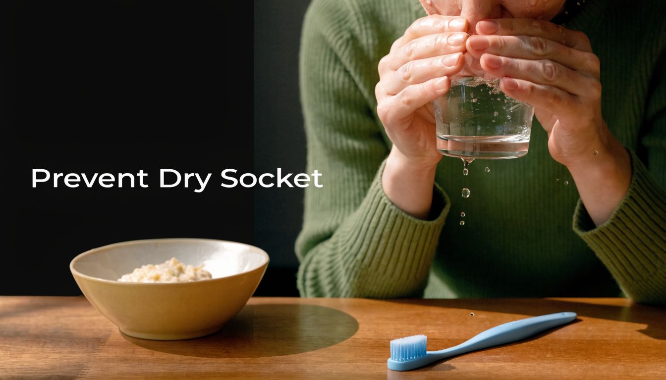 A person drinks water from a glass near a bowl of soft food and a toothbrush.