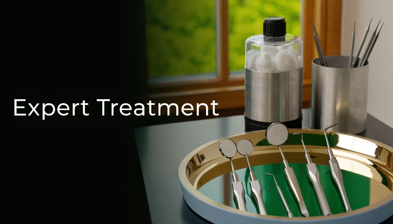 A tray of dental examination instruments and a container of cotton swabs on a desk.