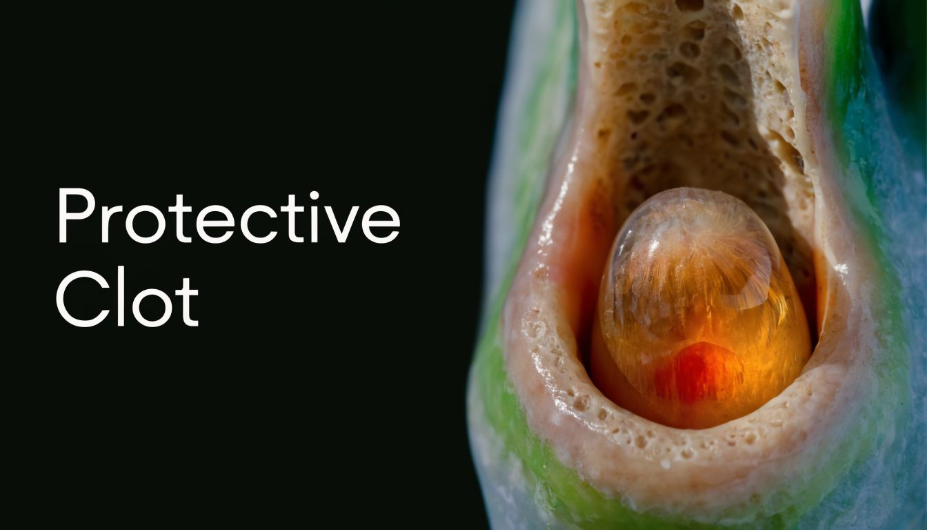 A close-up illustration of a blood clot forming in the empty tooth socket after an extraction.
