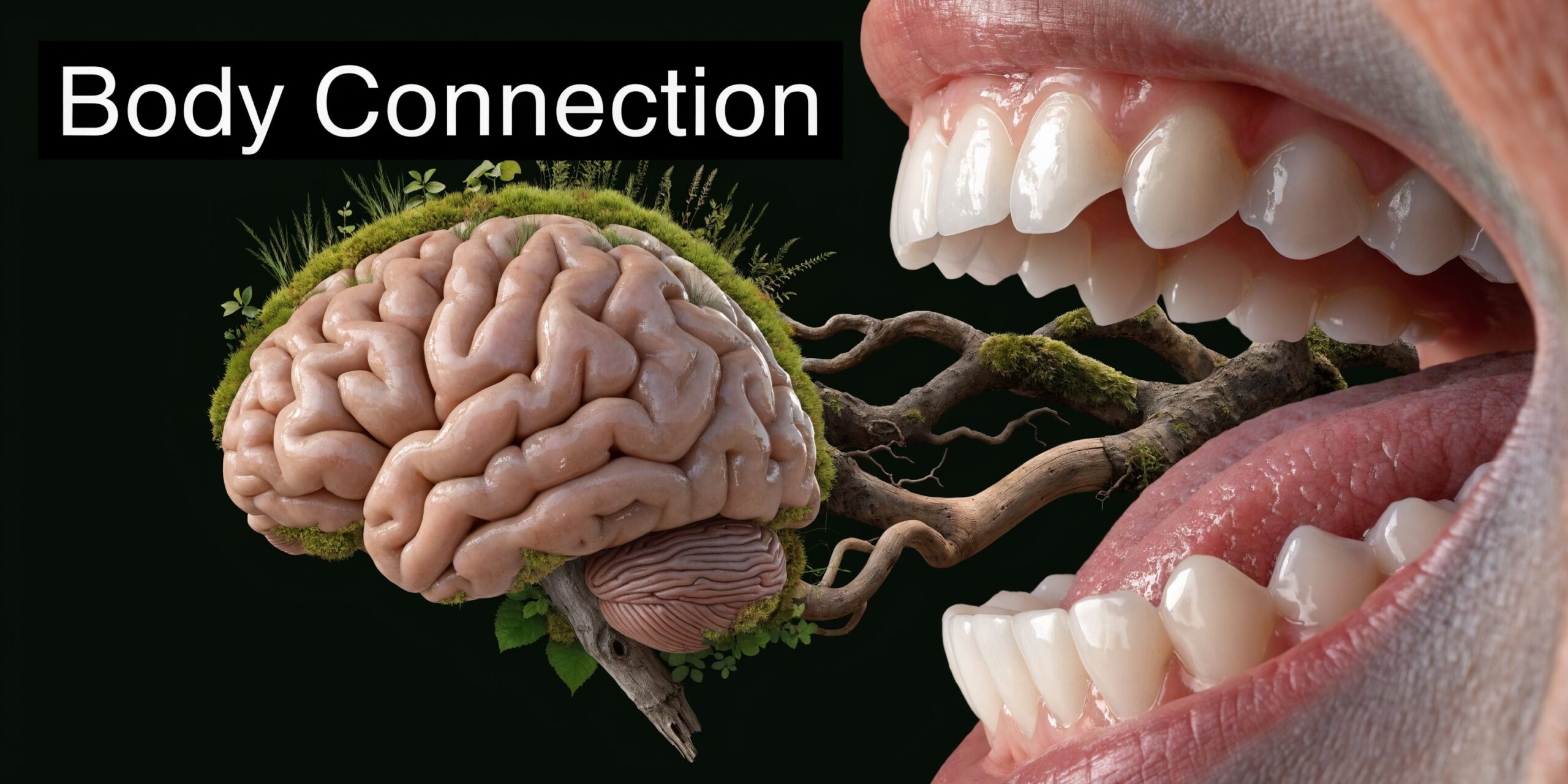A conceptual illustration of a brain connected to a human mouth by tree branches and green moss.