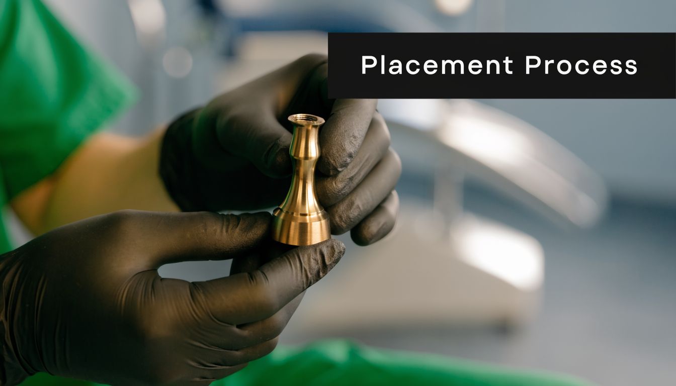 A dentist wearing black medical gloves holds a metal dental implant abutment in a clinical office setting.