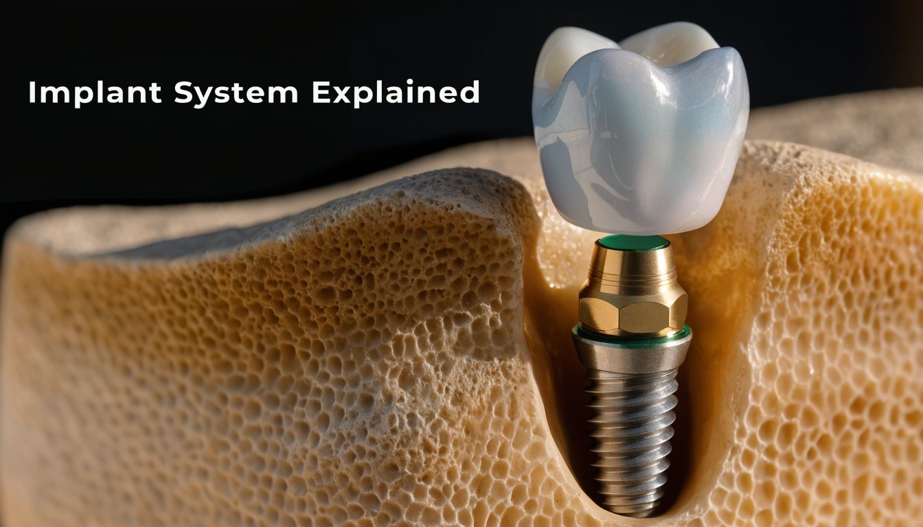 A cross-section illustration showing a dental implant with an abutment and crown set in bone tissue.