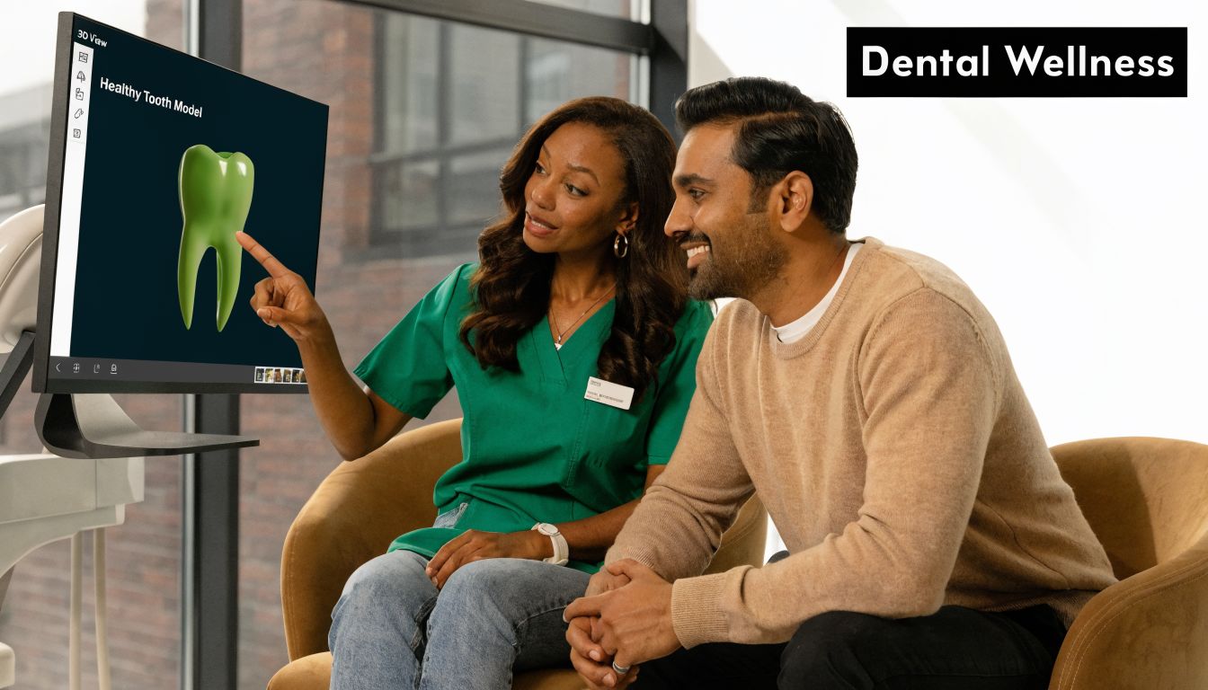 A female dentist in scrubs explains a 3D healthy tooth model to a patient in an office.