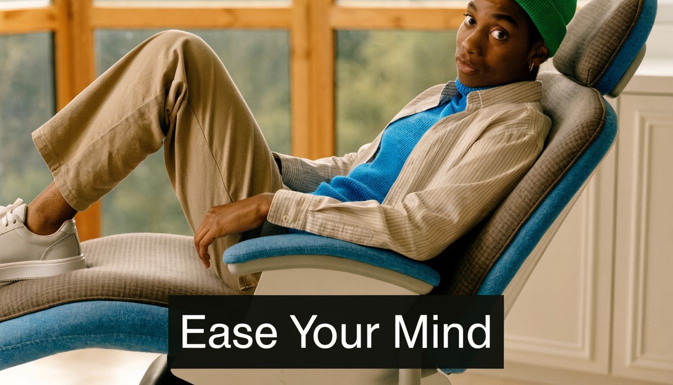 A relaxed person sitting comfortably in a modern, blue and gray recliner chair while looking at camera.