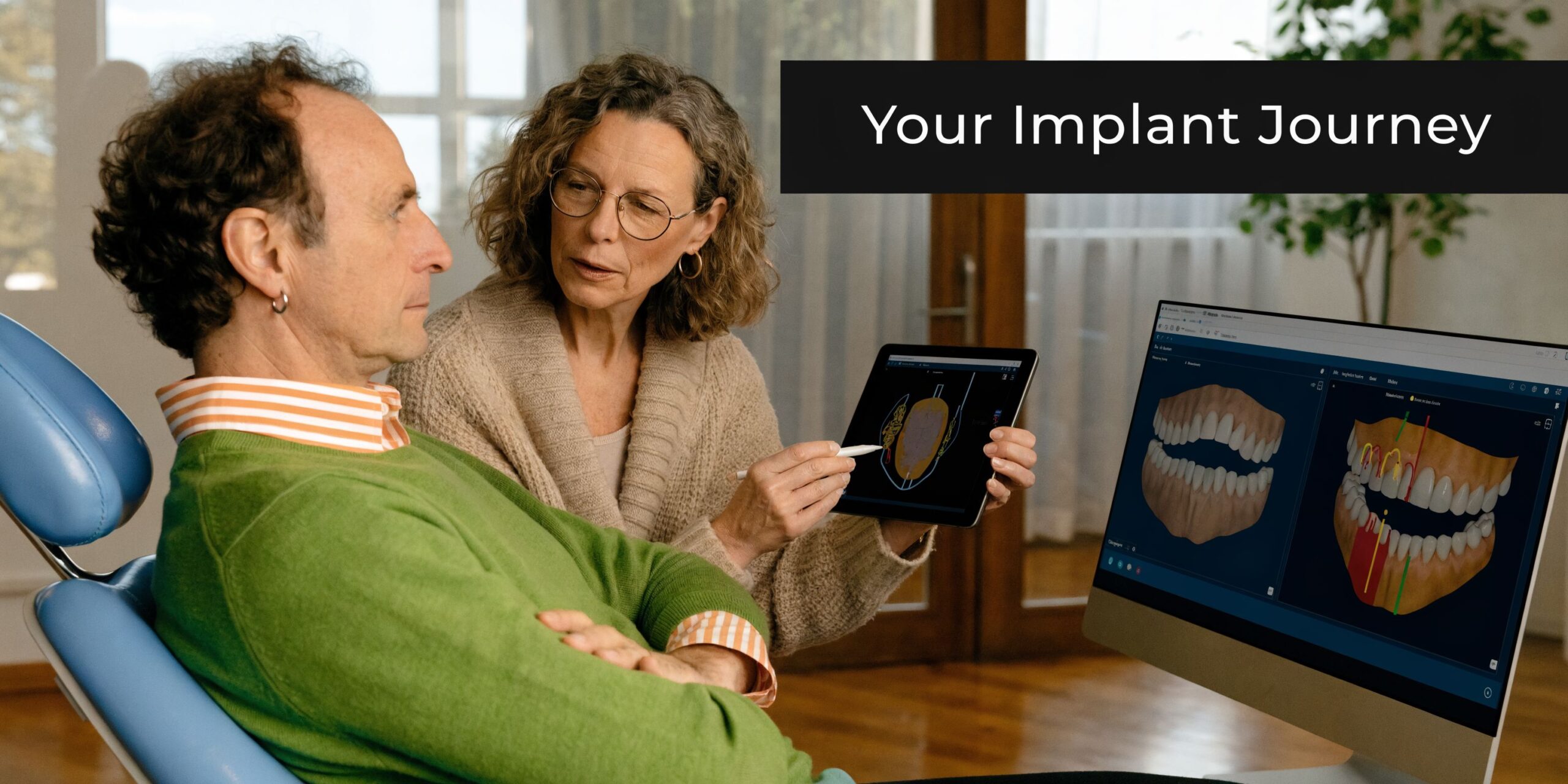 A dentist shows a patient a 3D digital model of teeth on a tablet and computer screen.