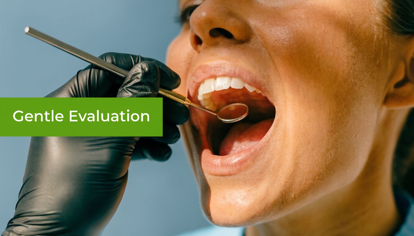 A dentist wearing black gloves uses a dental mirror to perform a gentle oral evaluation on a patient.