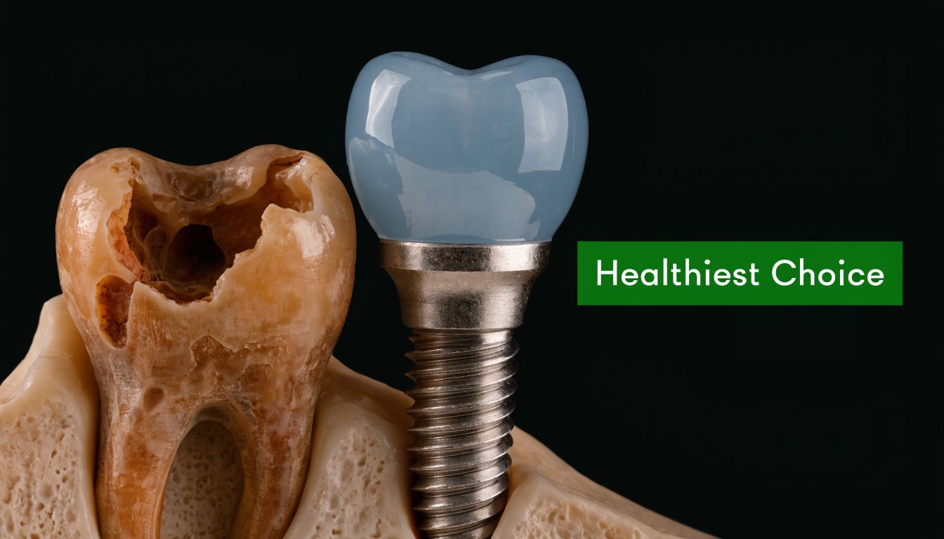 A close-up view comparing a severely decayed tooth with a healthy artificial dental implant in the jaw.