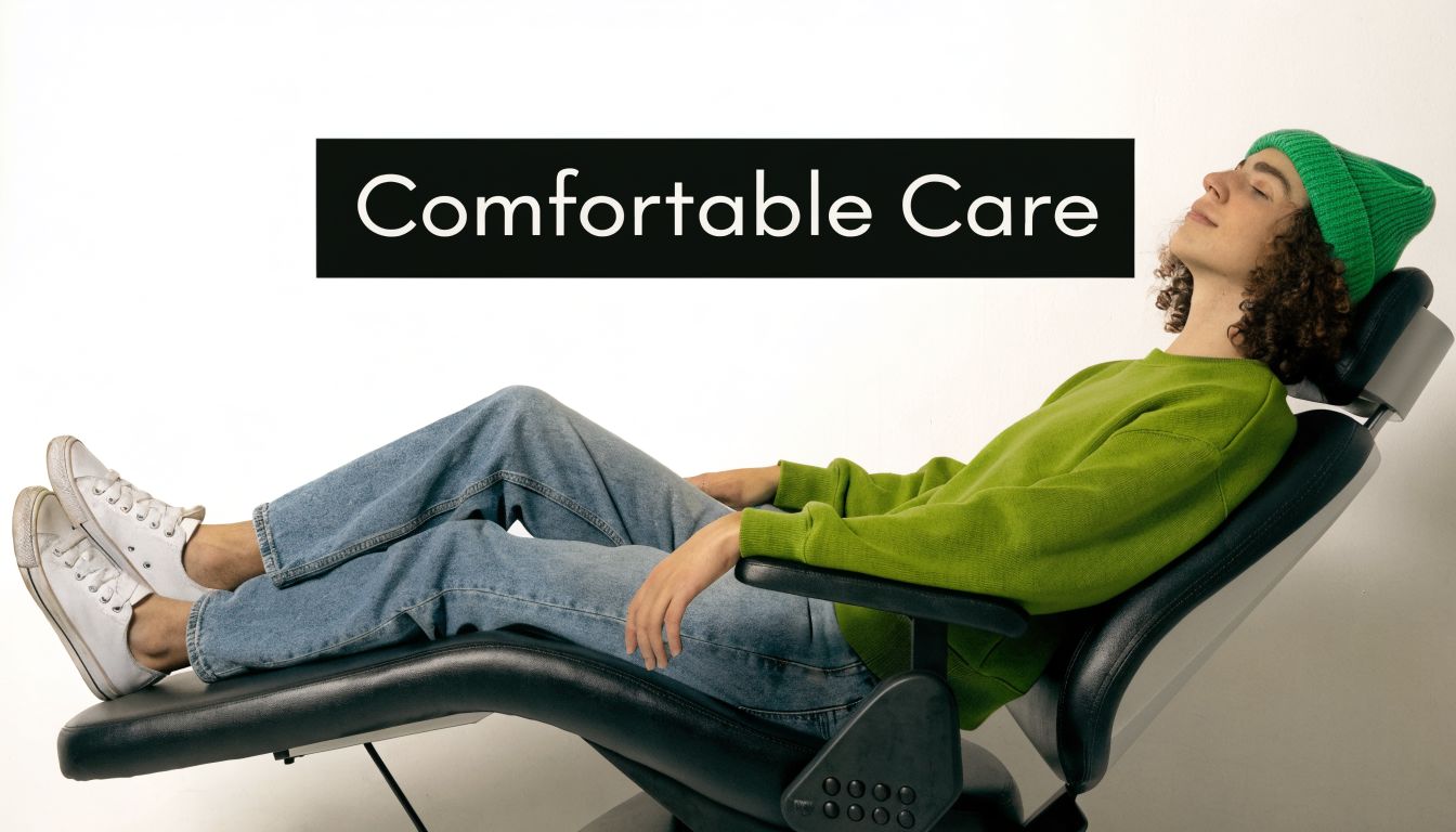 A person resting comfortably in a reclined professional chair, showcasing the benefits of dental care relaxation.