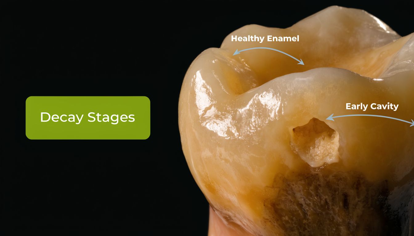 A close-up view of a human tooth showing distinct areas of healthy enamel and early decay stages.