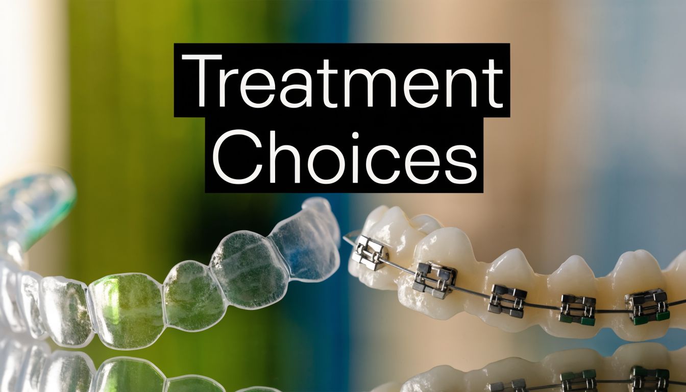 A clear comparison between transparent plastic dental aligners and traditional metal braces on artificial teeth.