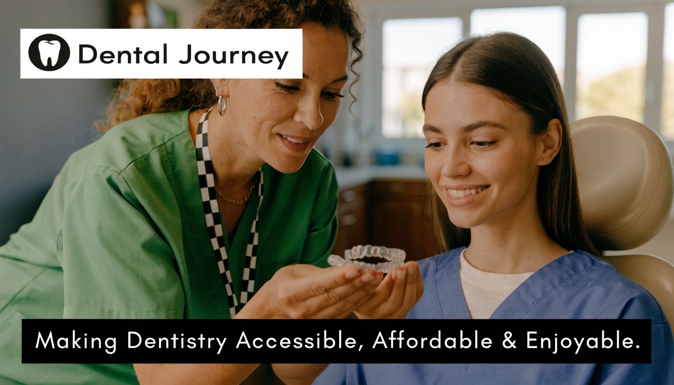 A female dentist shows clear dental aligners to a smiling patient in a modern dental office.