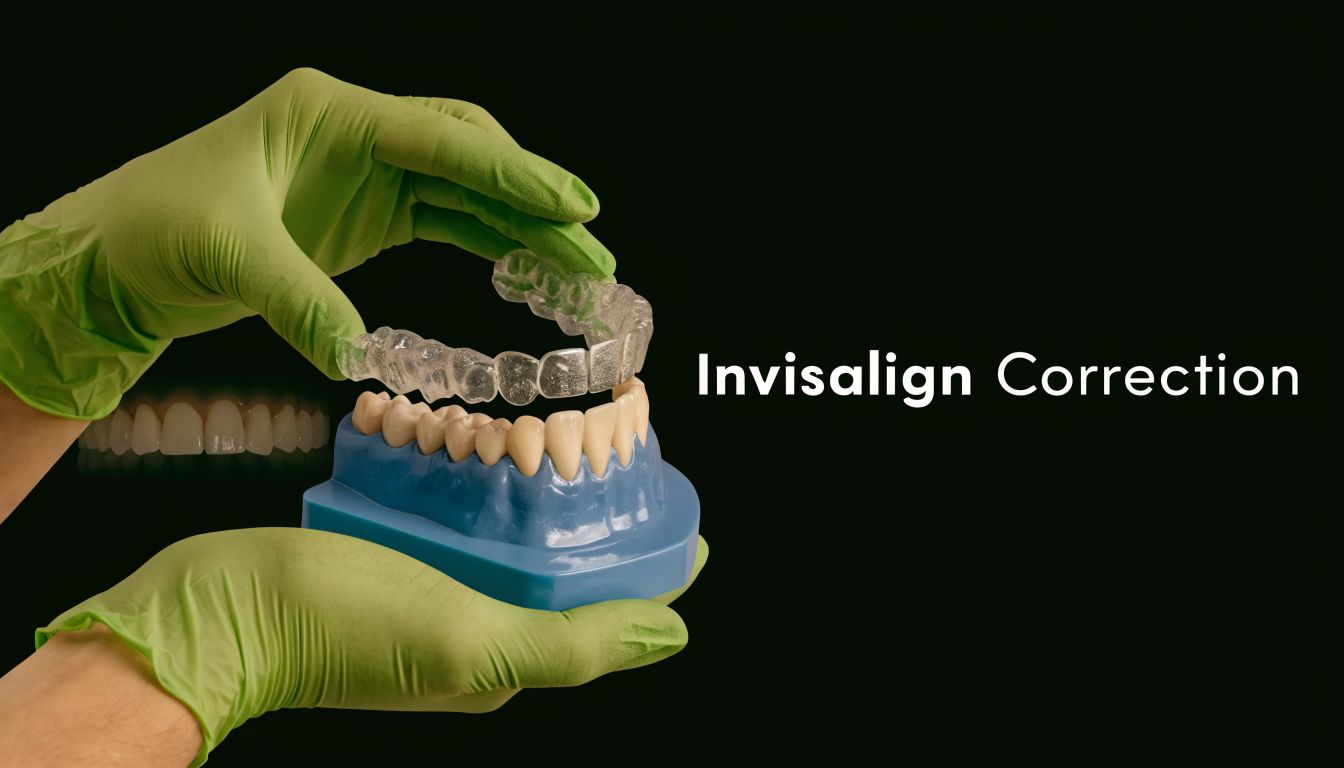 A gloved hand holding a clear Invisalign aligner over a plastic dental model of human teeth.