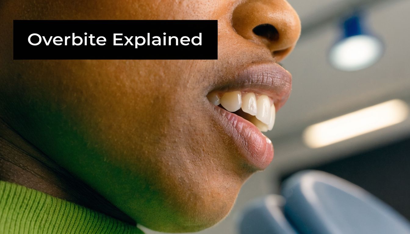 A close-up view of a person's lower face showing an overbite with the upper teeth protruding forward.