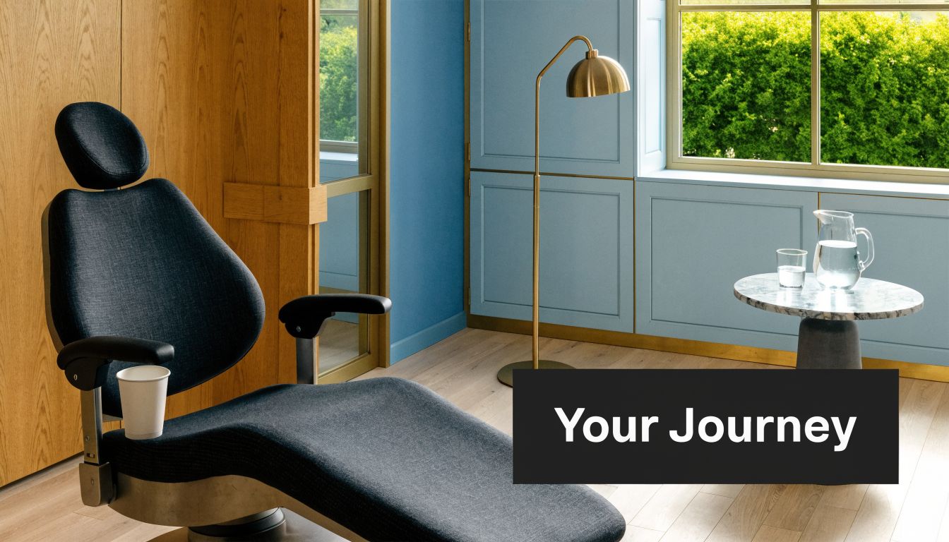 A minimalist medical or dental office featuring a comfortable exam chair, a small table, and calming decor.