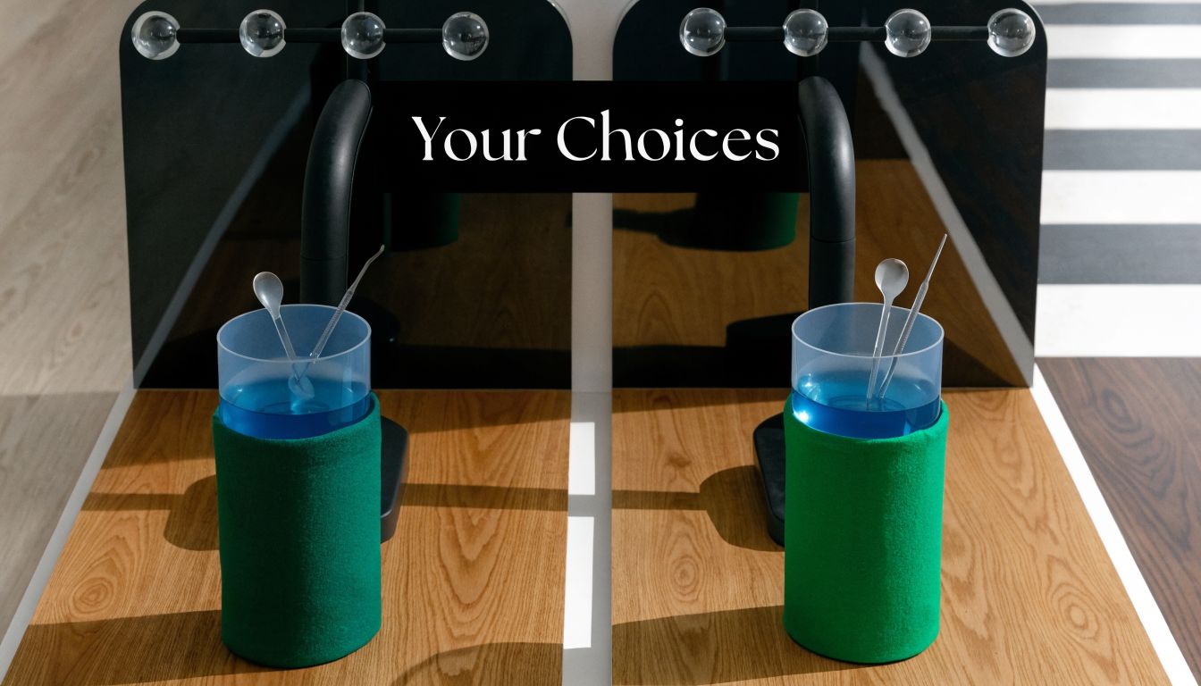 Two identical blue dental cups with instruments placed on a wooden surface for dental implants two front teeth