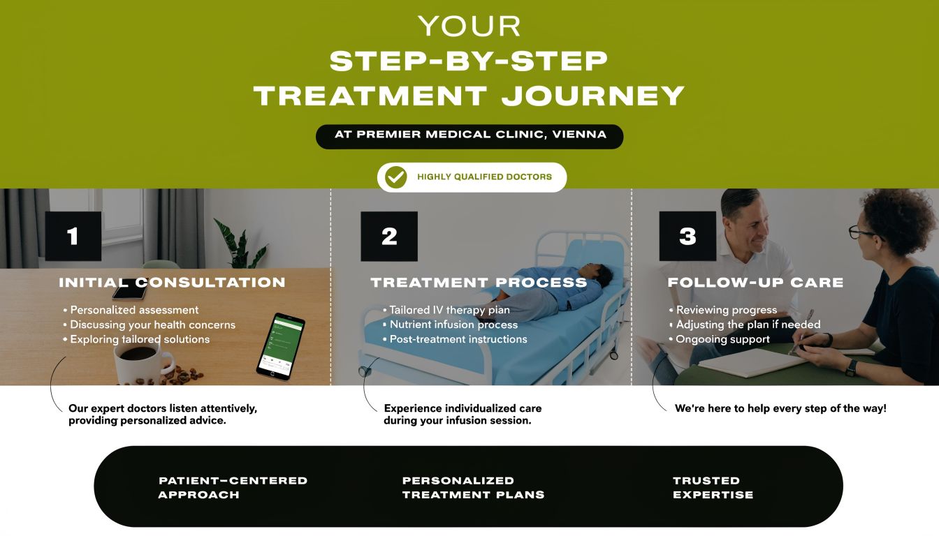 A three-step guide illustrating the personalized treatment journey at Premier Medical Clinic in Vienna, featuring medical consultation.