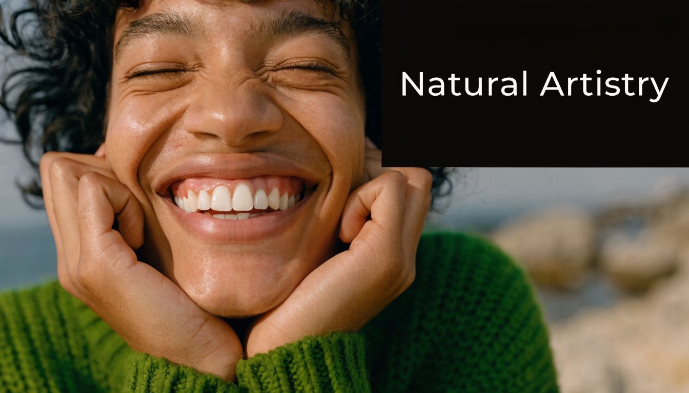 A happy person with a natural, bright smile resting their chin on their hands outdoors.