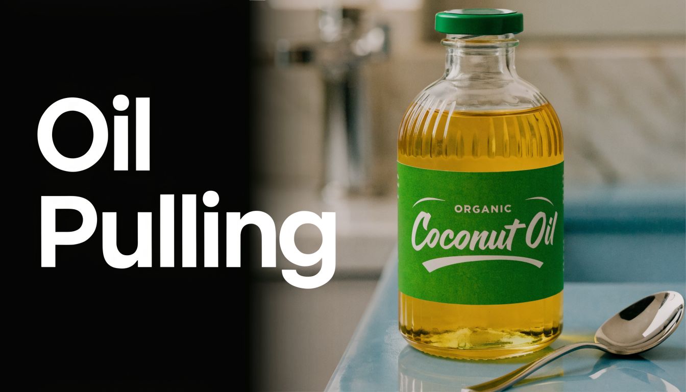 A bottle of organic coconut oil sits next to a metal spoon for natural dental care.