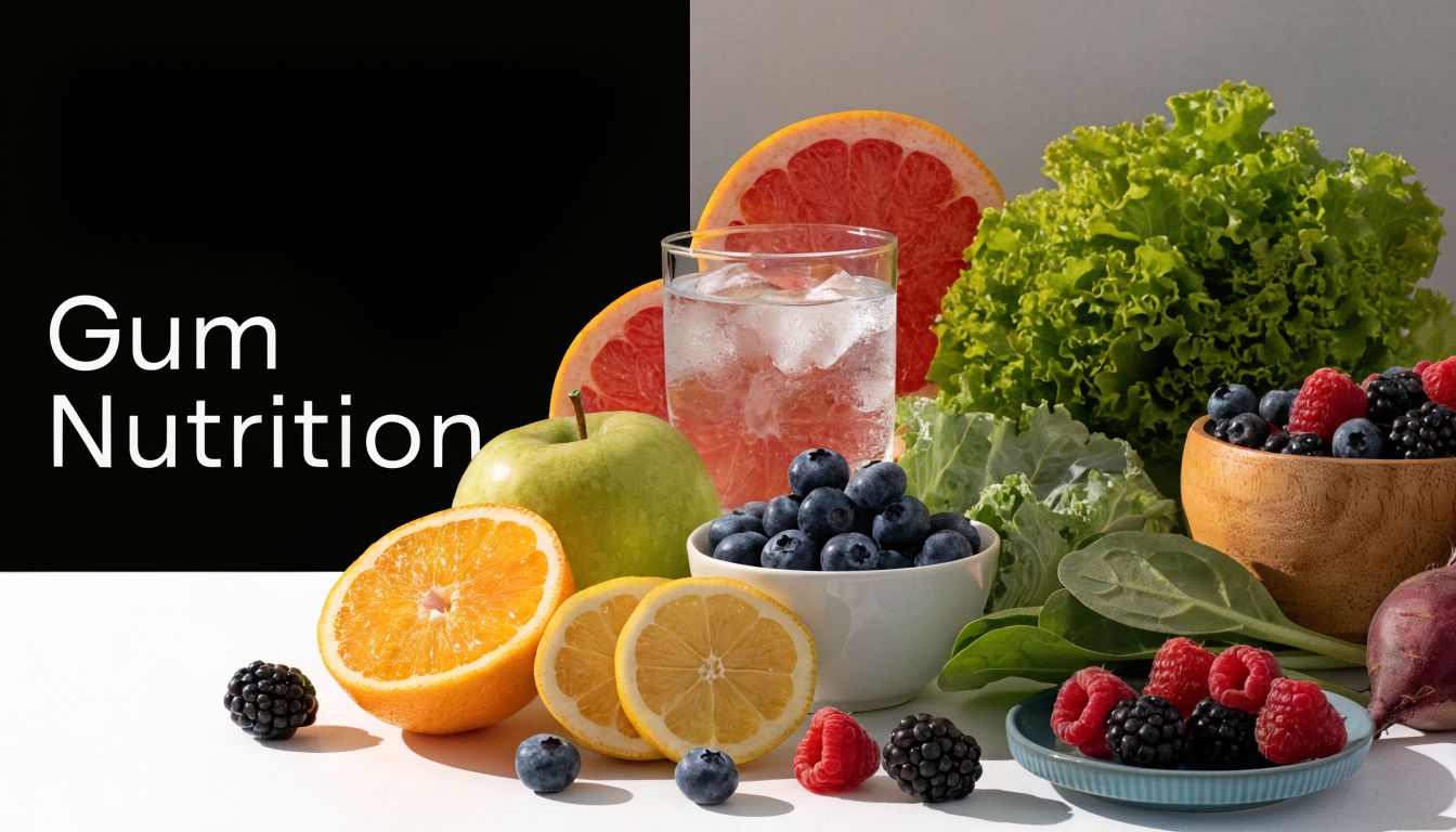 A colorful arrangement of fresh fruits, vegetables, and a glass of water to promote gum health.