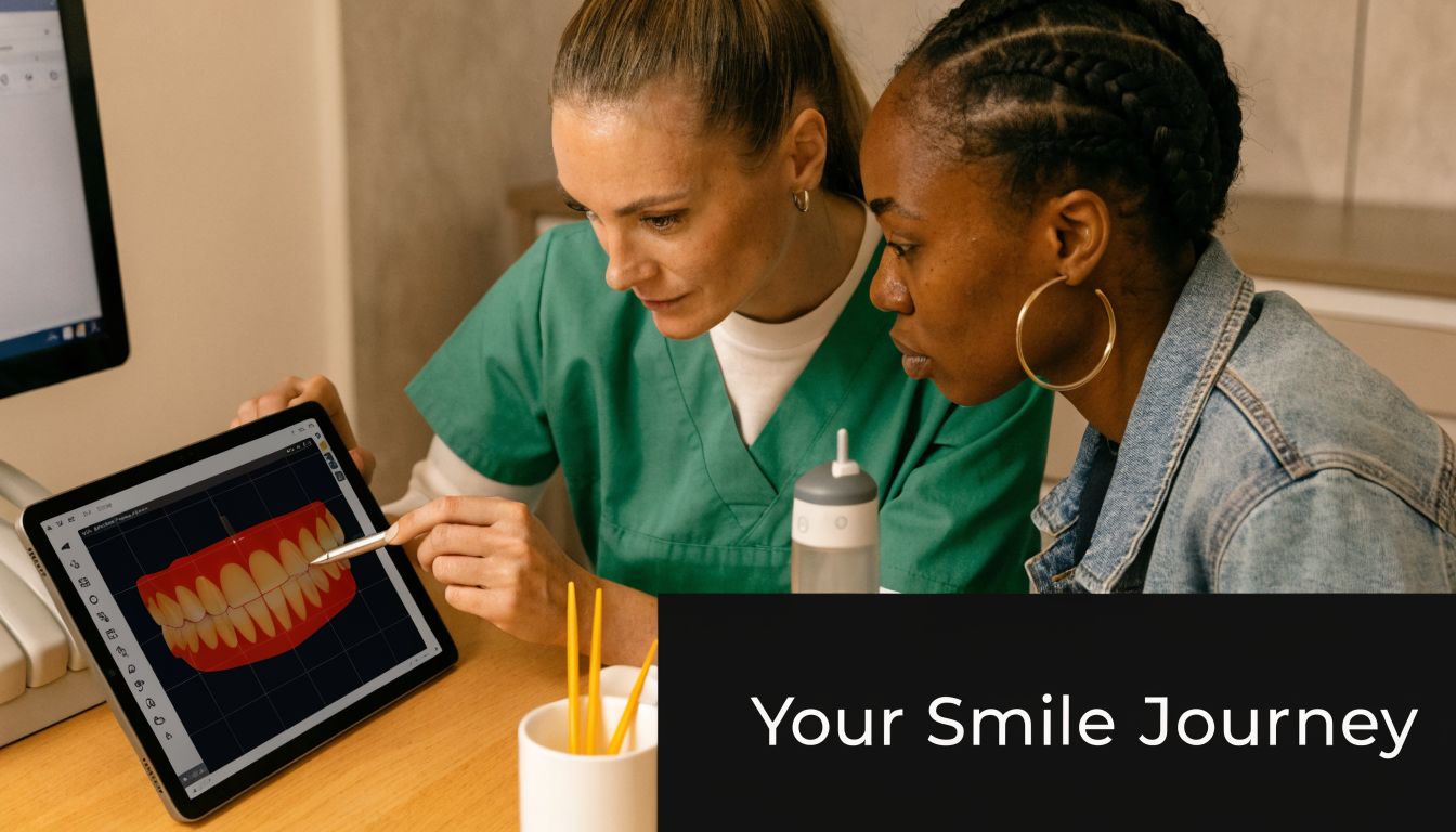 A dentist shows a patient a digital 3D model of teeth on a tablet during a consultation.