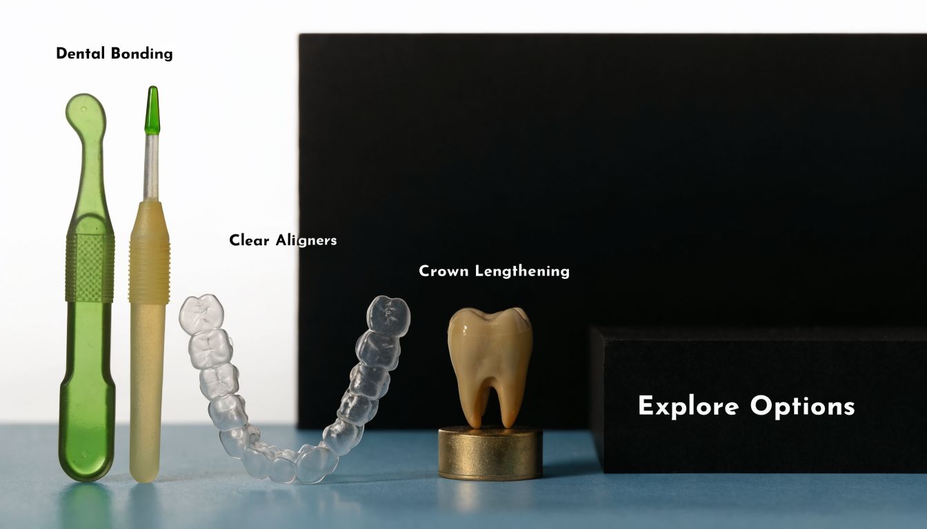 Dental tools and procedures like bonding, aligners, and crown lengthening displayed on a clean blue background.
