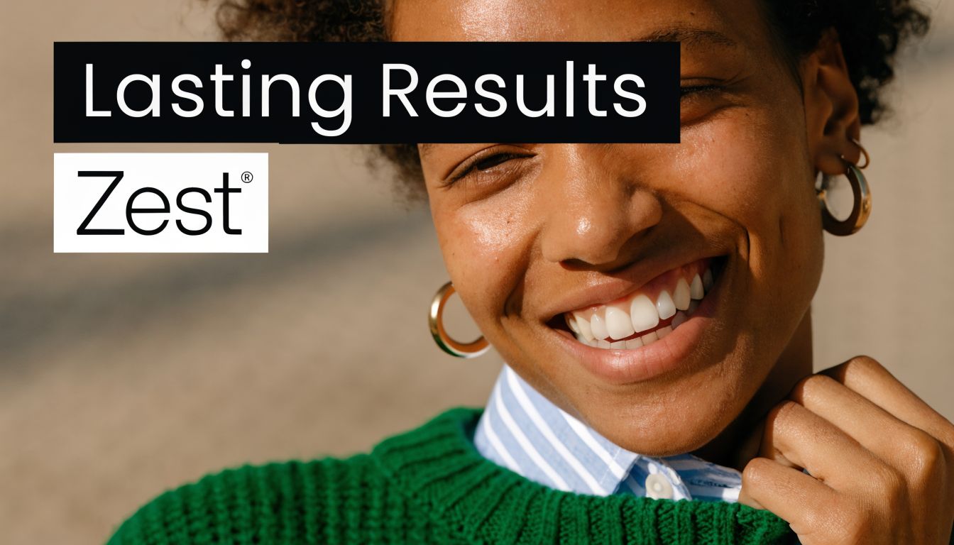 A close-up of a smiling woman with bright, healthy teeth highlighting long-lasting dental results for Zest.