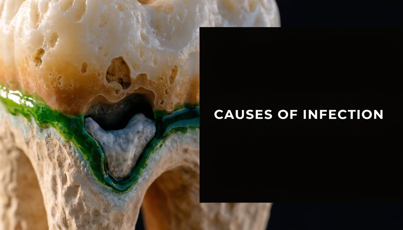 A close-up view of a decaying tooth with a green infection, symbolizing dental health issues.