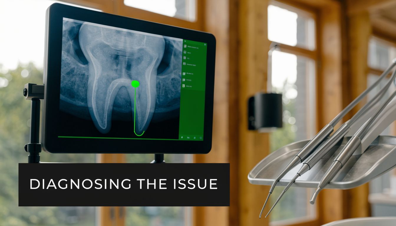A digital dental X-ray displayed on a screen in a clinic showing signs of a tooth infection.