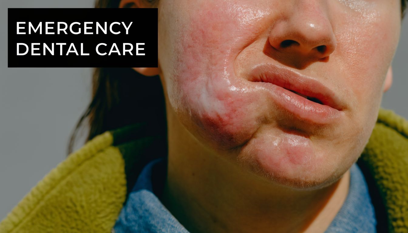 A person experiencing severe facial swelling and redness, indicative of a serious dental infection emergency.