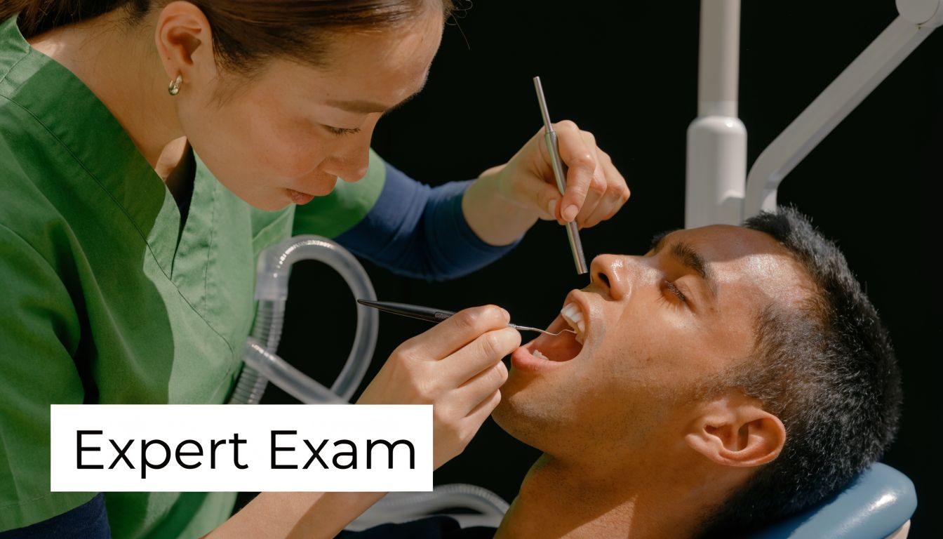 A professional dentist performing a routine oral examination on a patient in a medical clinic.